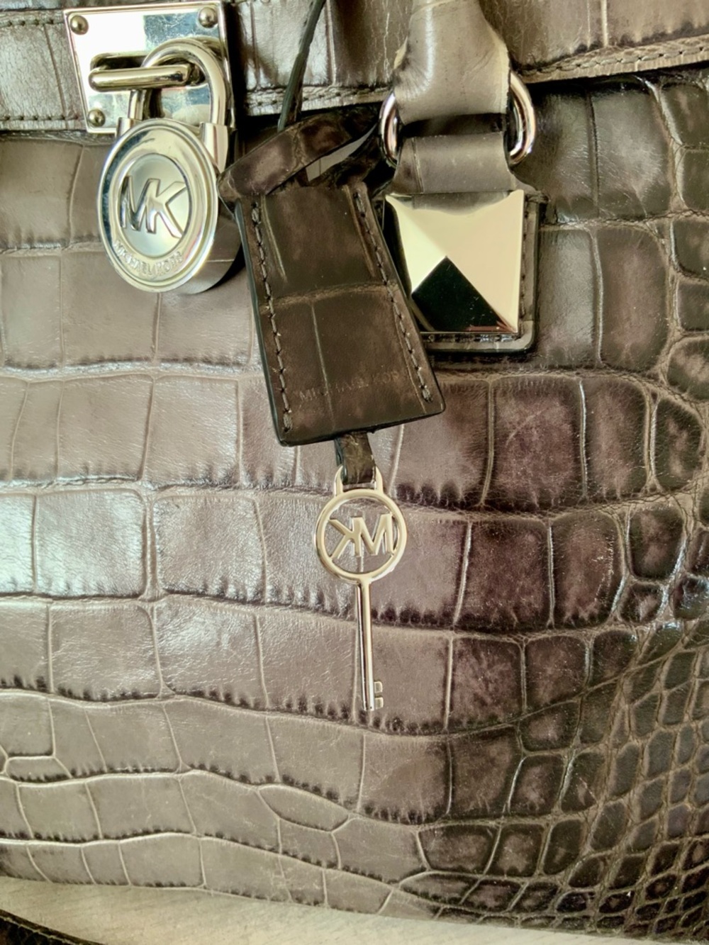 MICHAEL KORS HAMILTON GREY OMBRÉ  CROC EMBOSSED STUDDED SATCHEL SHOULDER BAG - Picture 4 of 11